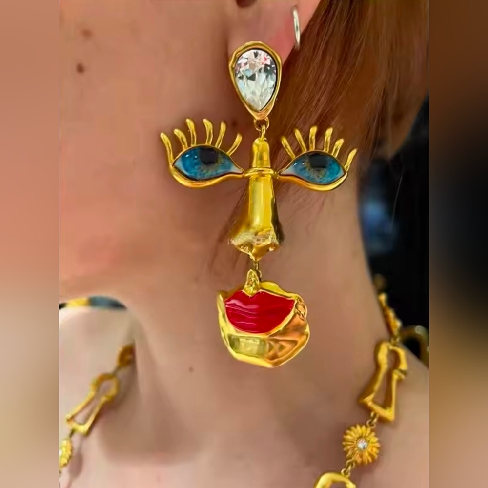 Gold and Blue Artistic Earrings - Picture 2 of 7